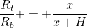 \frac{R_t}{R_b} = \frac{x}{x+H}~\iff~ x=\frac{H \cdot R_t}{R_b - R_t}