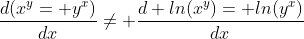 \frac{d(x^y= y^x)}{dx}\ne \frac{d ln(x^y)= ln(y^x)}{dx}