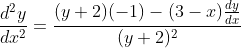 \frac{d^2y}{dx^2}=\frac{(y+2)(-1)-(3-x)\frac{dy}{dx}}{(y+2)^2}