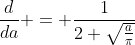 \frac{d}{da} = \frac{1}{2 \sqrt{\frac{a}{\pi}}}
