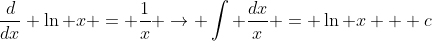 \frac{d}{dx} \ln x = \frac{1}{x} \rightarrow \int \frac{dx}{x} = \ln x + c
