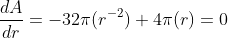 \frac{dA}{dr}=-32\pi(r^{-2})+4\pi(r)=0