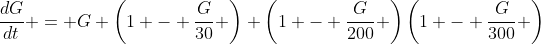 \frac{dG}{dt} = G \left(1 - \frac{G}{30} \right) \left(1 - \frac{G}{200} \right)\left(1 - \frac{G}{300} \right)