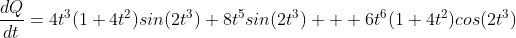 \frac{dQ}{dt}=4t^3(1+4t^2)sin(2t^3)+8t^5sin(2t^3)+  6t^6(1+4t^2)cos(2t^3)