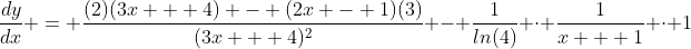 \frac{dy}{dx} = \frac{(2)(3x + 4) - (2x - 1)(3)}{(3x + 4)^2} - \frac{1}{ln(4)} \cdot \frac{1}{x + 1} \cdot 1