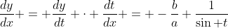 \frac{dy}{dx} = \frac{dy}{dt} \cdot \frac{dt}{dx} = -\frac{b}{a} \frac{1}{\sin t}