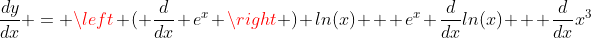 \frac{dy}{dx} = \left ( \frac{d}{dx} e^x \right ) ln(x) + e^x \frac{d}{dx}ln(x) + \frac{d}{dx}x^3