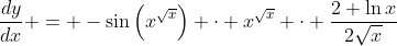 \frac{dy}{dx} = -\sin\left(x^{\sqrt{x}}\right) \cdot x^{\sqrt{x}} \cdot \frac{2+\ln{x}}{2\sqrt{x}}