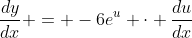 \frac{dy}{dx} = -6e^u \cdot \frac{du}{dx}