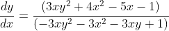\frac{dy}{dx}=\frac{(3xy^2+4x^2-5x-1)}{(-3xy^2-3x^2-3xy+1)}