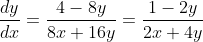 \frac{dy}{dx}=\frac{4-8y}{8x+16y}=\frac{1-2y}{2x+4y}