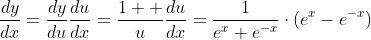 \frac{dy}{dx}=\frac{dy}{du}{\frac{du}{dx}}=\frac{1  }{u}\frac{du}{dx}=\frac{1}{e^x+e^{-x}}\cdot(e^x-e^{-x})