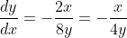 \frac{dy}{dx}=-\frac{2x}{8y}=-\frac{x}{4y}