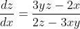 \frac{dz}{dx}=\frac{3yz-2x}{2z-3xy}