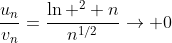 \frac{u_n}{v_n}=\frac{\ln ^2 n}{n^{1/2}}\to 0