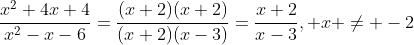 \frac{x^2+4x+4}{x^2-x-6}=\frac{(x+2)(x+2)}{(x+2)(x-3)}=\frac{x+2}{x-3}, x \neq -2