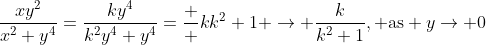 \frac{xy^2}{x^2+y^4}=\frac{ky^4}{k^2y^4+y^4}=\frac  {k}{k^2+1} \to \frac{k}{k^2+1}, \mbox{as} y\to 0