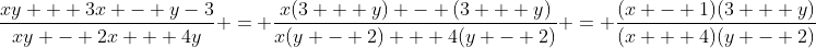 \frac{xy + 3x - y-3}{xy - 2x + 4y} = \frac{x(3 + y) - (3 + y)}{x(y - 2) + 4(y - 2)} = \frac{(x - 1)(3 + y)}{(x + 4)(y - 2)}