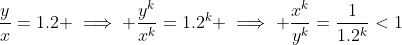 \frac{y}{x}=1.2 \implies \frac{y^k}{x^k}=1.2^k \implies \frac{x^k}{y^k}=\frac{1}{1.2^k}<1