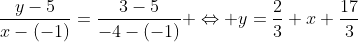\frac{y-5}{x-(-1)}=\frac{3-5}{-4-(-1)} \Leftrightarrow y=\frac{2}{3} x+\frac{17}{3}