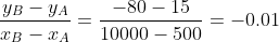 \frac{y_B-y_A}{x_B-x_A}=\frac{-80-15}{10000-500}=-0.01