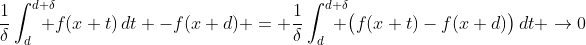 \frac1\delta\int_d^{d+\delta}\kern-12pt f(x+t)\,dt -f(x+d) = \frac1\delta\int_d^{d+\delta}\kern-12pt \bigl(f(x+t)-f(x+d)\bigr)\,dt \to0