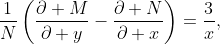 \frac1N\left(\frac{\partial M}{\partial y}-\frac{\partial N}{\partial x}\right)=\frac3x,