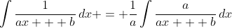 \int{\frac{1}{ax + b}\,dx} = \frac{1}{a}\int{\frac{a}{ax + b}\,dx}