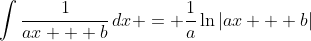 \int{\frac{1}{ax + b}\,dx} = \frac{1}{a}\ln{|ax + b|}