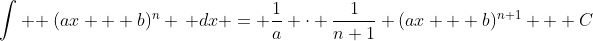 \int \! (ax + b)^n \, dx = \frac{1}{a} \cdot \frac{1}{n+1} (ax + b)^{n+1} + C