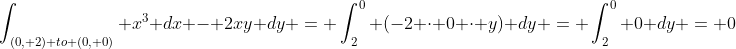 \int_{(0, 2) to (0, 0)} x^3 dx - 2xy dy = \int_2^0 (-2 \cdot 0 \cdot y) dy = \int_2^0 0 dy = 0