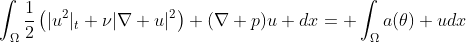 \int_{\Omega}\frac{1}{2}\left(|u^2|_t+\nu|\nabla u|^2\right)+(\nabla p)u dx= \int_{\Omega}a(\theta) udx