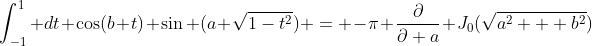 \int_{-1}^{1} dt \cos(b t) \sin (a \sqrt{1-t^{2}}) = -\pi \frac{\partial}{\partial a} J_{0}(\sqrt{a^2 + b^2})