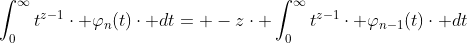 \int_{0}^{\infty}t^{z-1}\cdot \varphi_{n}(t)\cdot dt= -z\cdot \int_{0}^{\infty}t^{z-1}\cdot \varphi_{n-1}(t)\cdot dt