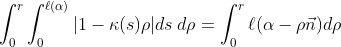 \int_0^r\int_0^{\ell(\alpha)}|1-\kappa(s)\rho|ds\,d\rho=\int_0^r\ell(\alpha-\rho\vec{n})d\rho