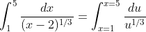 \int_1^5\frac{dx}{(x-2)^{1/3}}=\int_{x=1}^{x=5}\frac{du}{u^{1/3}}
