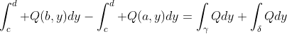 \int_c^d Q(b,y)dy-\int_c^d Q(a,y)dy=\int_{\gamma}Qdy+\int_{\delta}Qdy