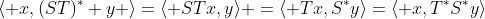 \langle x,(ST)^* y \rangle=\langle STx,y\rangle =\langle Tx,S^*y\rangle=\langle x,T^*S^*y\rangle