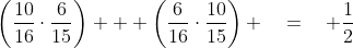 \text{Different colors: }\;\left(\frac{10}{16}\cdot\frac{6}{15}\right) + \left(\frac{6}{16}\cdot\frac{10}{15}\right) \quad=\quad \frac{1}{2}