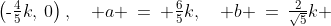 \left(\text{-}\tfrac{4}{5}k,\:0\right),\quad a \:=\: \tfrac{6}{5}k,\quad b \:=\:\tfrac{2}{\sqrt{5}}k 
