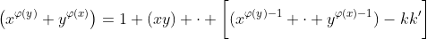 \left(x^{\varphi(y)}+y^{\varphi(x)}\right)=1+(xy) \cdot \bigg[(x^{\varphi(y)-1} \cdot y^{\varphi(x)-1})-kk'\bigg]