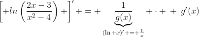 \left[ ln\left(\frac{2x-3}{x^{2}-4}\right) \right]' = \underbrace{\frac{1}{g(x)}}_{(\ln x)' = \frac{1}{x}} \cdot \: \:g'(x)
