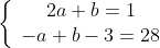 \left\{\begin{array}{cc}2a+b=1\\-a+b-3=28\end{array}\right.