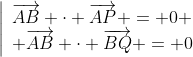 \left|\begin{array}{l}\overrightarrow{AB} \cdot \overrightarrow{AP} = 0 \\ \overrightarrow{AB} \cdot \overrightarrow{BQ} = 0\end{array}\right.