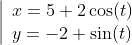 \left|\begin{array}{l}x=5+2\cos(t)\\y=-2+\sin(t)\end{array}\right.