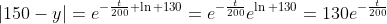 \left|150-y\right|=e^{-\frac{t}{200}+\ln 130}=e^{-\frac{t}{200}}e^{\ln 130}=130e^{-\frac{t}{200}}