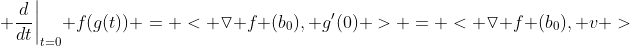 \left. \frac{d}{dt}\right|_{t=0} f(g(t)) = < \triangledown f (b_0), g'(0) > = < \triangledown f (b_0), v >