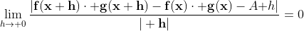 \lim\limits_{h\to 0}\frac{|\mathbf{f(x+h)\cdot g(x+h)-f(x)\cdot g(x)}-A\mathbf h|}{|\bf h|}=0