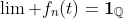 \lim f_n(t)=\mathbf{1}_{\mathbb{Q}}