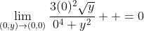 \lim_{(0,y)\to(0,0)}\frac{3(0)^2\sqrt{y}}{0^4+y^2}  =0